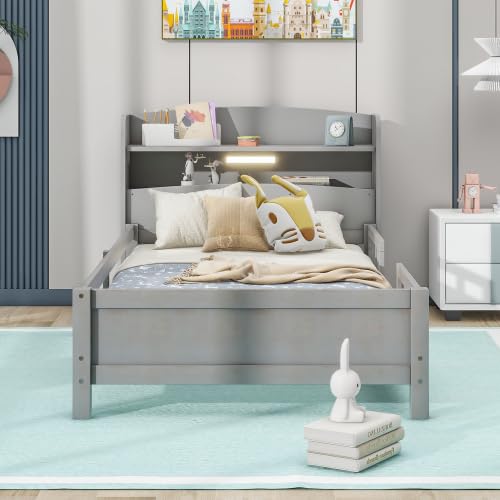 NCKMYB Low Twin Bed Frame for Kids, Wood Platform Bed with 2 Tier Headboard, Build-in LED Light, Suitable for Boy Girl, Antique Grey