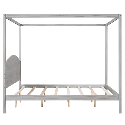 King Size Canopy Bed Frame with Headboard and Support Legs, King Canopy Bed King Size Canopy Bed Frame, Solid Wood King Bed Frame, 4-Post Canopy Bed Frame, No Box Spring Needed, Grey Wash