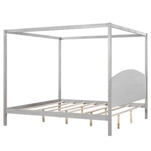 King Size Canopy Bed Frame with Headboard and Support Legs, King Canopy Bed King Size Canopy Bed Frame, Solid Wood King Bed Frame, 4-Post Canopy Bed Frame, No Box Spring Needed, Grey Wash