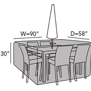 Covermates Rectangular Dining Table/Chair Set Cover - Heavy-Duty Polyester, Weather Resistant, Drawcord Hem, Center Hole for an Umbrella, Patio Table Covers, 90W x 58D x 30H, Ripstop Grey