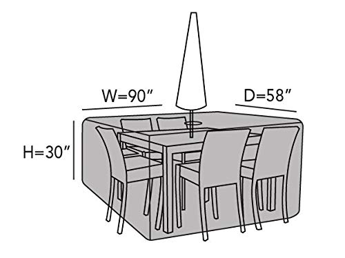 Covermates Rectangular Dining Table/Chair Set Cover - Heavy-Duty Polyester, Weather Resistant, Drawcord Hem, Center Hole for an Umbrella, Patio Table Covers, 90W x 58D x 30H, Ripstop Grey