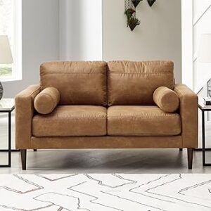 Signature Design by Ashley Telora Modern Faux Leather Loveseat with 2 Bolster Pillows, Dark Brown