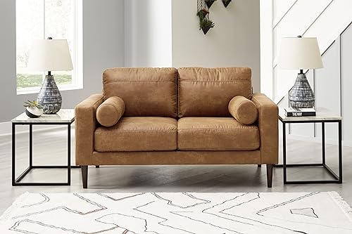 Signature Design by Ashley Telora Modern Faux Leather Loveseat with 2 Bolster Pillows, Dark Brown