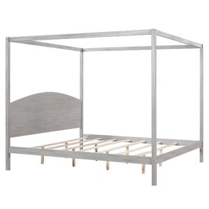 King Size Canopy Bed Frame with Headboard and Support Legs, King Canopy Bed King Size Canopy Bed Frame, Solid Wood King Bed Frame, 4-Post Canopy Bed Frame, No Box Spring Needed, Grey Wash