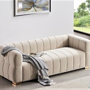 Container Furniture Direct Art Deco Velvet Sofa with Tufted Low Back Design, Sophisticated 3 Seater Couch for Living Rooms, 89 Inch Wide, Easy Assembly, Beige