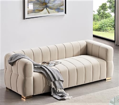 Container Furniture Direct Art Deco Velvet Sofa with Tufted Low Back Design, Sophisticated 3 Seater Couch for Living Rooms, 89 Inch Wide, Easy Assembly, Beige