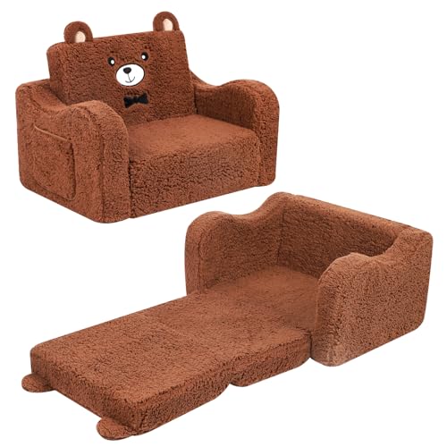 MOMCAYWEX Kids Chairs for Toddler, 2-in-1 Toddler Soft Sherpa Couch Fold Out, Convertible Sofa to Lounger for Girls and Boys, Teddy Bear, Brown