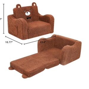 MOMCAYWEX Kids Chairs for Toddler, 2-in-1 Toddler Soft Sherpa Couch Fold Out, Convertible Sofa to Lounger for Girls and Boys, Teddy Bear, Brown