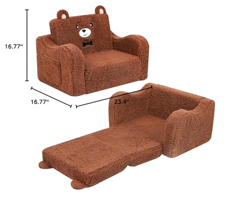 MOMCAYWEX Kids Chairs for Toddler, 2-in-1 Toddler Soft Sherpa Couch Fold Out, Convertible Sofa to Lounger for Girls and Boys, Teddy Bear, Brown