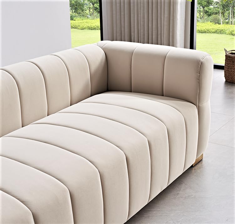 Container Furniture Direct Art Deco Velvet Sofa with Tufted Low Back Design, Sophisticated 3 Seater Couch for Living Rooms, 89 Inch Wide, Easy Assembly, Beige