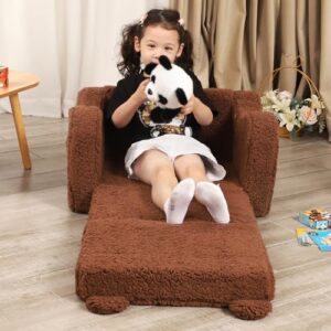 MOMCAYWEX Kids Chairs for Toddler, 2-in-1 Toddler Soft Sherpa Couch Fold Out, Convertible Sofa to Lounger for Girls and Boys, Teddy Bear, Brown