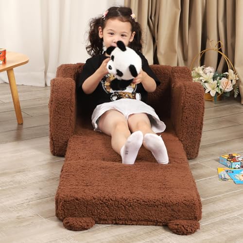 MOMCAYWEX Kids Chairs for Toddler, 2-in-1 Toddler Soft Sherpa Couch Fold Out, Convertible Sofa to Lounger for Girls and Boys, Teddy Bear, Brown