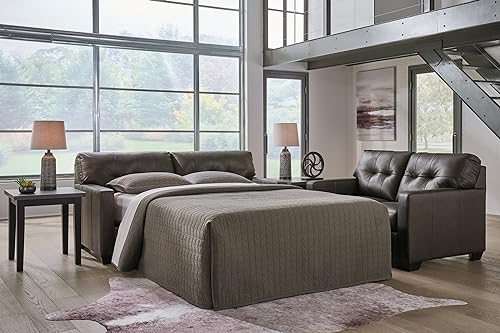 Signature Design by Ashley Belziani Modern 2-in-1 Tufted Leather Match Sofa Sleeper with Folding Gel Memory Foam Mattress, Full, Black