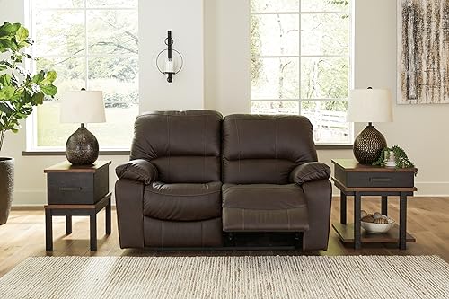 Signature Design by Ashley Leesworth Modern Leather Match Power Reclining Loveseat with USB Ports, Dark Brown