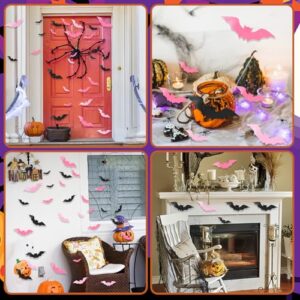 48Pcs Pink Halloween Bats Wall Decor, 3D Bats Halloween Decoration PVC Bats Wall Bat Stickers for Wall, Adhesive Bat Wall Decals Spooky Bats for Home Indoor, Halloween Wall Decor(Black Pink Rose)