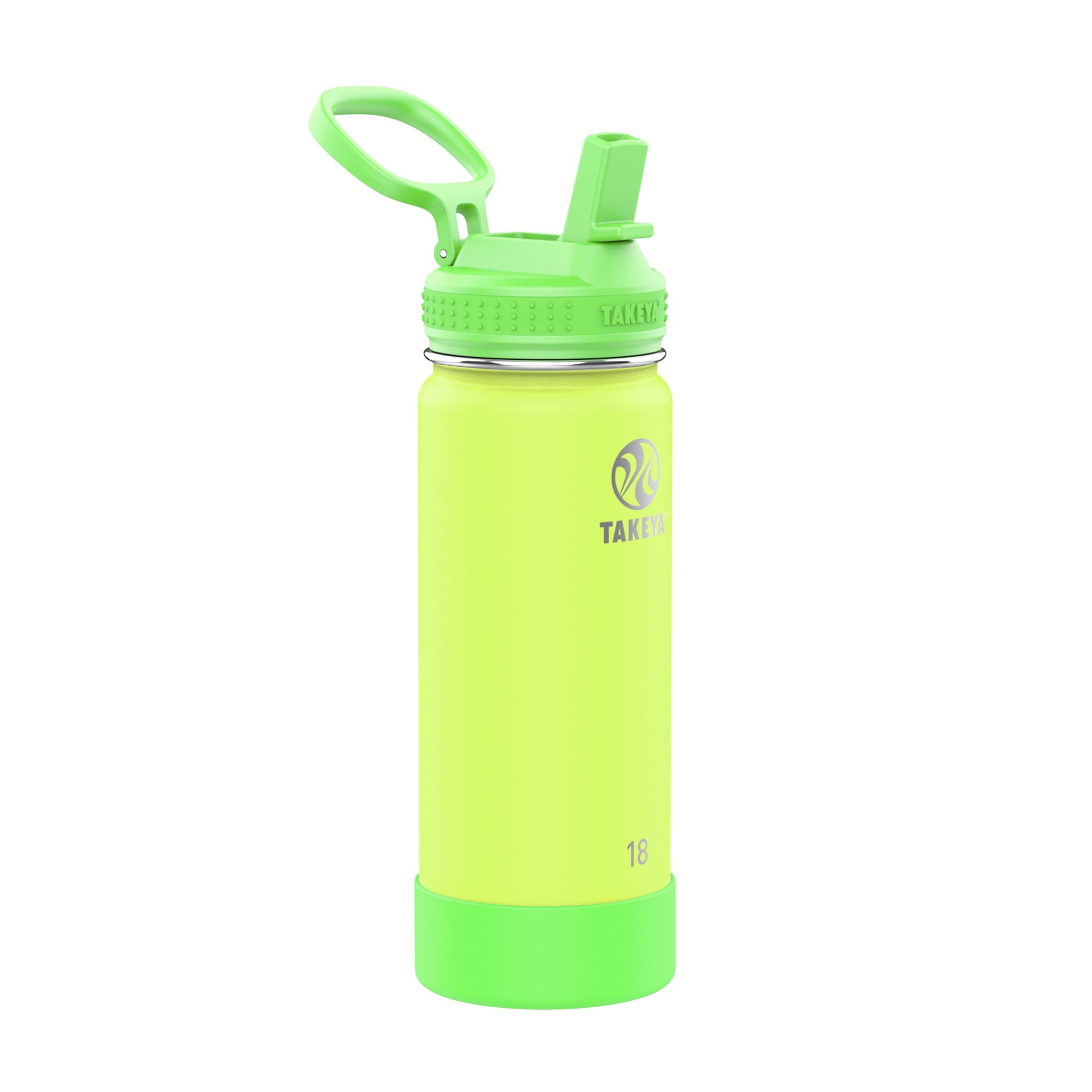 Takeya Actives Kids 18 oz Glow In The Dark Insulated Stainless Steel Water Bottle with Straw Lid, Lightning Green