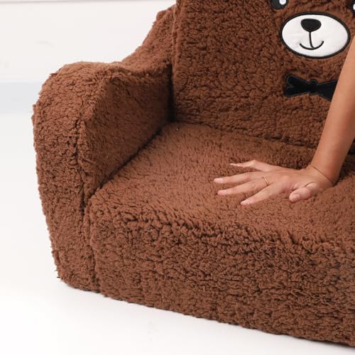 MOMCAYWEX Kids Chairs for Toddler, 2-in-1 Toddler Soft Sherpa Couch Fold Out, Convertible Sofa to Lounger for Girls and Boys, Teddy Bear, Brown