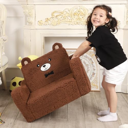 MOMCAYWEX Kids Chairs for Toddler, 2-in-1 Toddler Soft Sherpa Couch Fold Out, Convertible Sofa to Lounger for Girls and Boys, Teddy Bear, Brown