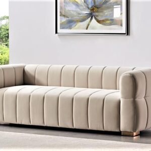 Container Furniture Direct Art Deco Velvet Sofa with Tufted Low Back Design, Sophisticated 3 Seater Couch for Living Rooms, 89 Inch Wide, Easy Assembly, Beige