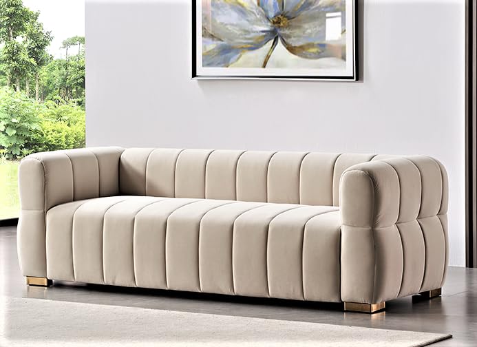 Container Furniture Direct Art Deco Velvet Sofa with Tufted Low Back Design, Sophisticated 3 Seater Couch for Living Rooms, 89 Inch Wide, Easy Assembly, Beige