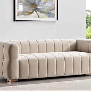 Container Furniture Direct Art Deco Velvet Sofa with Tufted Low Back Design, Sophisticated 3 Seater Couch for Living Rooms, 89 Inch Wide, Easy Assembly, Beige