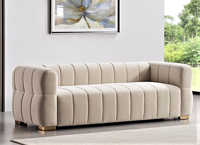 Container Furniture Direct Art Deco Velvet Sofa with Tufted Low Back Design, Sophisticated 3 Seater Couch for Living Rooms, 89 Inch Wide, Easy Assembly, Beige