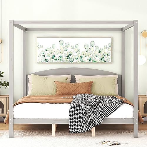 King Size Canopy Bed Frame with Headboard and Support Legs, King Canopy Bed King Size Canopy Bed Frame, Solid Wood King Bed Frame, 4-Post Canopy Bed Frame, No Box Spring Needed, Grey Wash