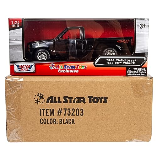 All Star Toys 1992 Chevy 454SS Pickup Truck 1/24 Scale Diecast Model Car Black with Red Interior Motormax 73203 Exclusive Edition