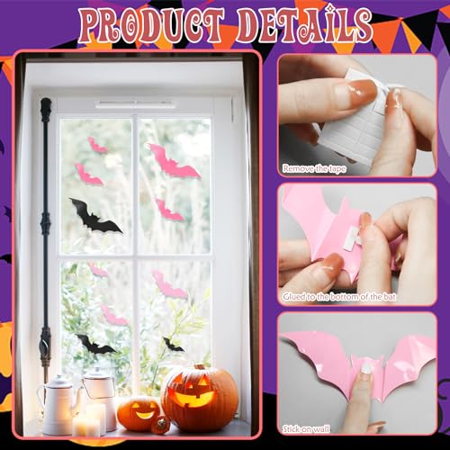 48Pcs Pink Halloween Bats Wall Decor, 3D Bats Halloween Decoration PVC Bats Wall Bat Stickers for Wall, Adhesive Bat Wall Decals Spooky Bats for Home Indoor, Halloween Wall Decor(Black Pink Rose)