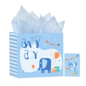 powbrace baby boy gift bag with tissue paper and greeting card for birthday,party,baby gift bag,13" gift bags medium size(1-pcs blue animals, happy birthday)