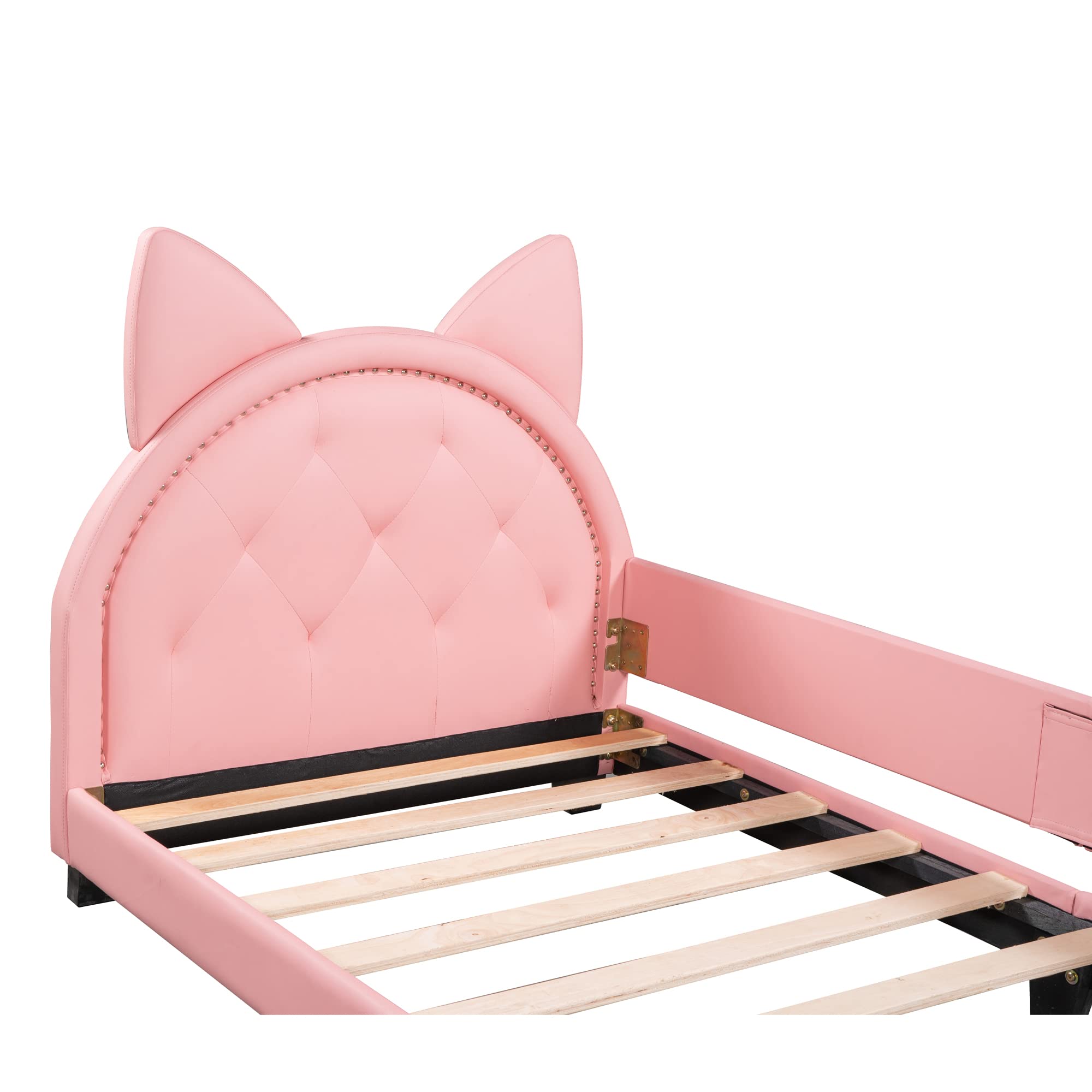 Pink Upholstered Twin Bed with Ears Shaped Bottom Tufted Headboard, Low Platform Bed Frame with Rails for Kids Girls Boys Teens, PU Leather