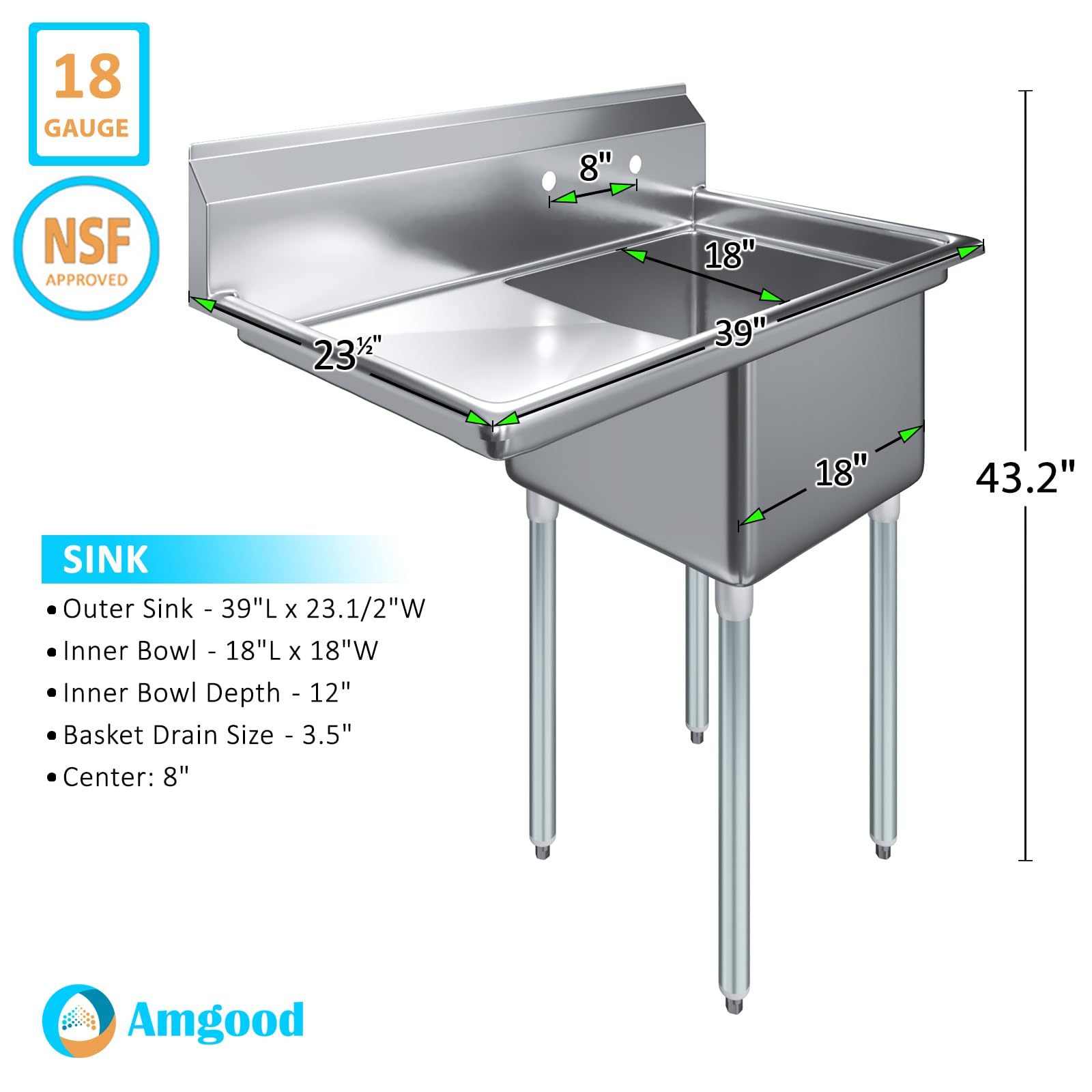 One Compartment Stainless Steel Commercial Kitchen Prep & Utility Sink with Left Drainboard | Bowl Size 18" x 18" X 12" | NSF