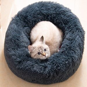 cat beds for indoor cats - cat bed washable 20/24 inches, dog beds for small medium dogs, anti anxiety round fluffy plush faux fur cat bed, thick bottom (dark grey, medium)