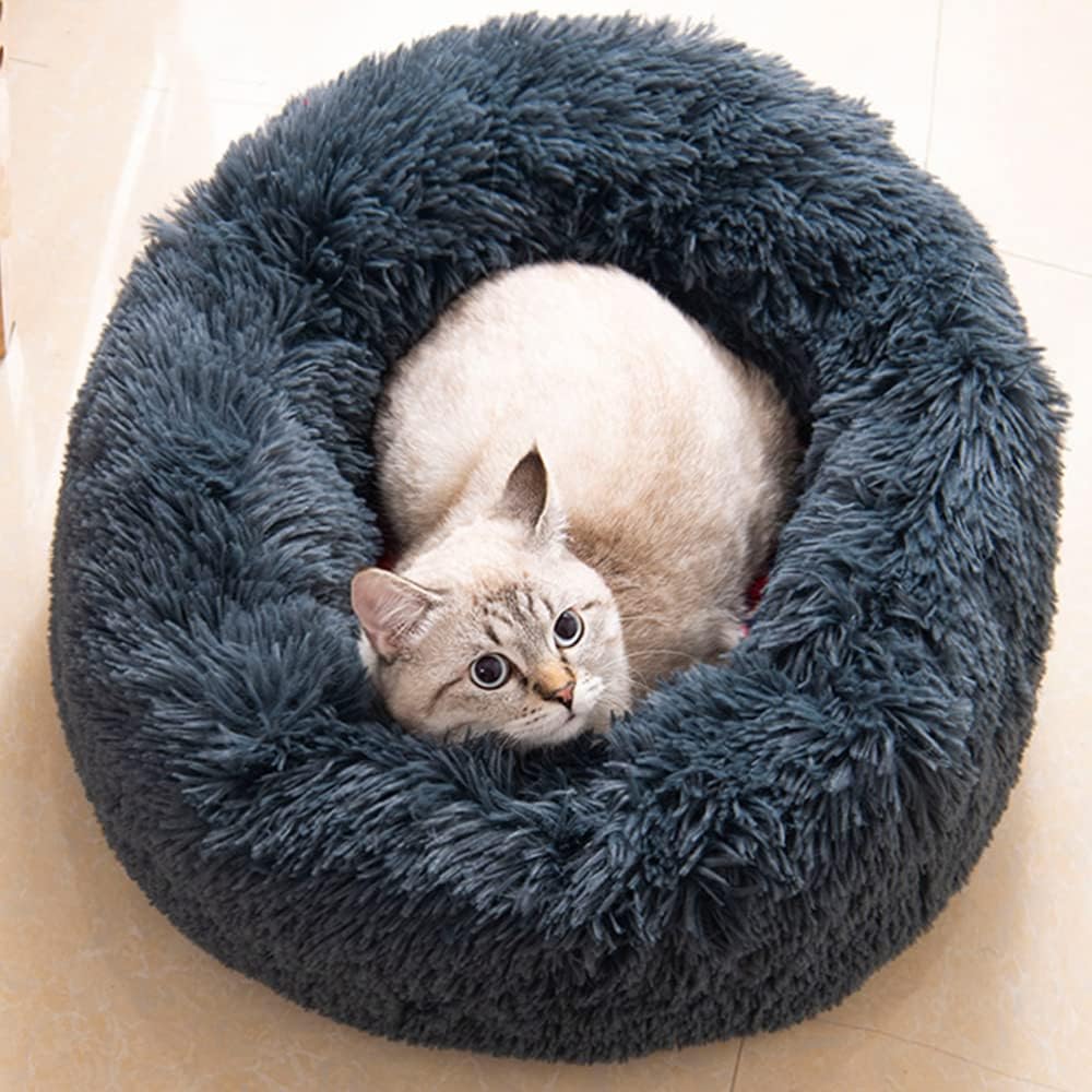 Cat Beds for Indoor Cats - Cat Bed Washable 20/24 inches, Dog Beds for Small Medium Dogs, Anti Anxiety Round Fluffy Plush Faux Fur Cat Bed, Thick Bottom (Dark Grey, Medium)