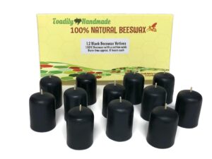 one dozen (12) solid beeswax votive candles in black - hand poured in the usa - each votive measures approx. 1 3/8" wide by 2" tall - 100% natural beeswax candles by toadily handmade