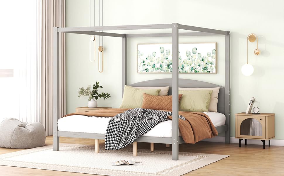 King Size Canopy Bed Frame with Headboard and Support Legs, King Canopy Bed King Size Canopy Bed Frame, Solid Wood King Bed Frame, 4-Post Canopy Bed Frame, No Box Spring Needed, Grey Wash