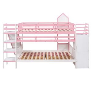 Full-Over-Full Bunk Bed, Castle Style Bunk Bed with 2 Drawers and 3 Shelves, Solid Wood Bunk Beds with Slide and Storage Staircase, Playhouse Low Bunk Bed for Kids Teens Boys Girls (Pink-O273)