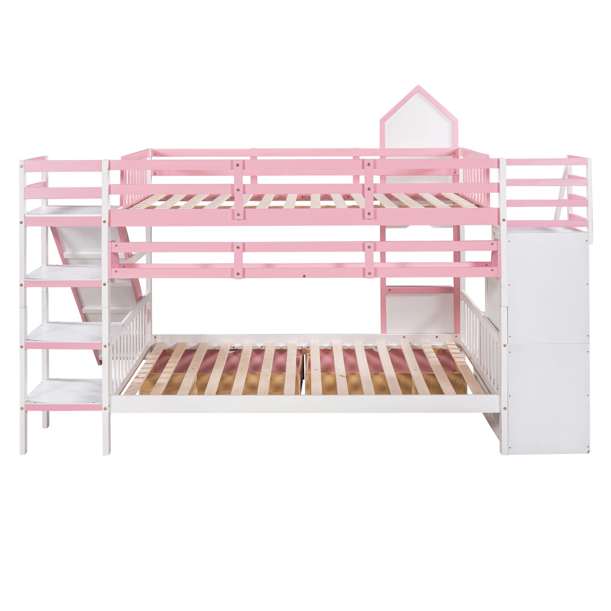 Full-Over-Full Bunk Bed, Castle Style Bunk Bed with 2 Drawers and 3 Shelves, Solid Wood Bunk Beds with Slide and Storage Staircase, Playhouse Low Bunk Bed for Kids Teens Boys Girls (Pink-O273)