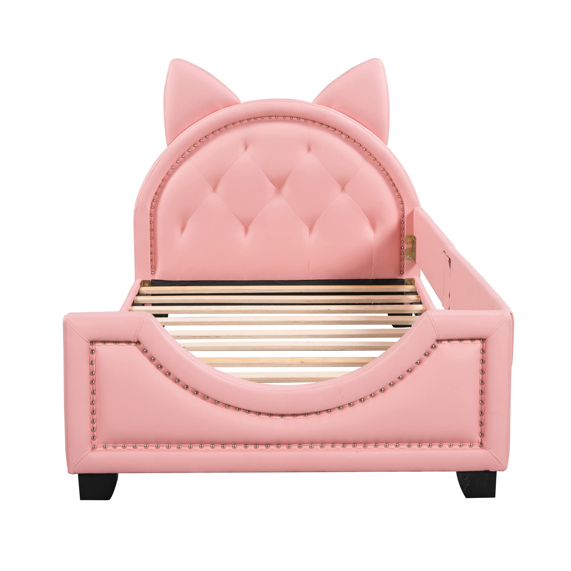 Pink Upholstered Twin Bed with Ears Shaped Bottom Tufted Headboard, Low Platform Bed Frame with Rails for Kids Girls Boys Teens, PU Leather