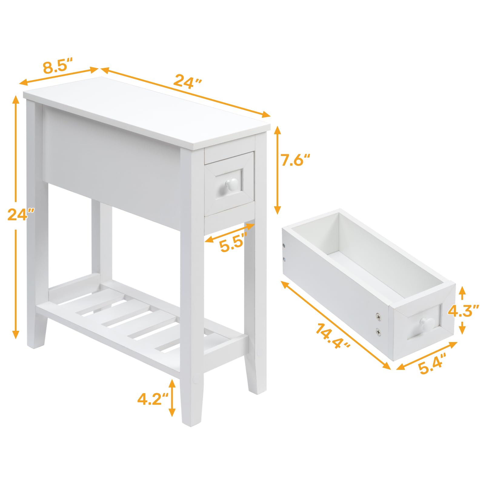 LUSUOWLZ Narrow Side Table for Small Spaces, White, Set of 1, 24" L x 8.5" W x 24" H