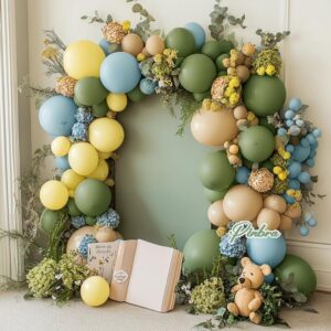 Blue Yellow Green Balloon Garland Double Stuffed Dusty Blue Sage Green Brown Balloon Arch Kit Olive Apricot Nude Metallic Gold Latex Balloons For Birthday Bridal Baby Shower Wild One Party Deocration