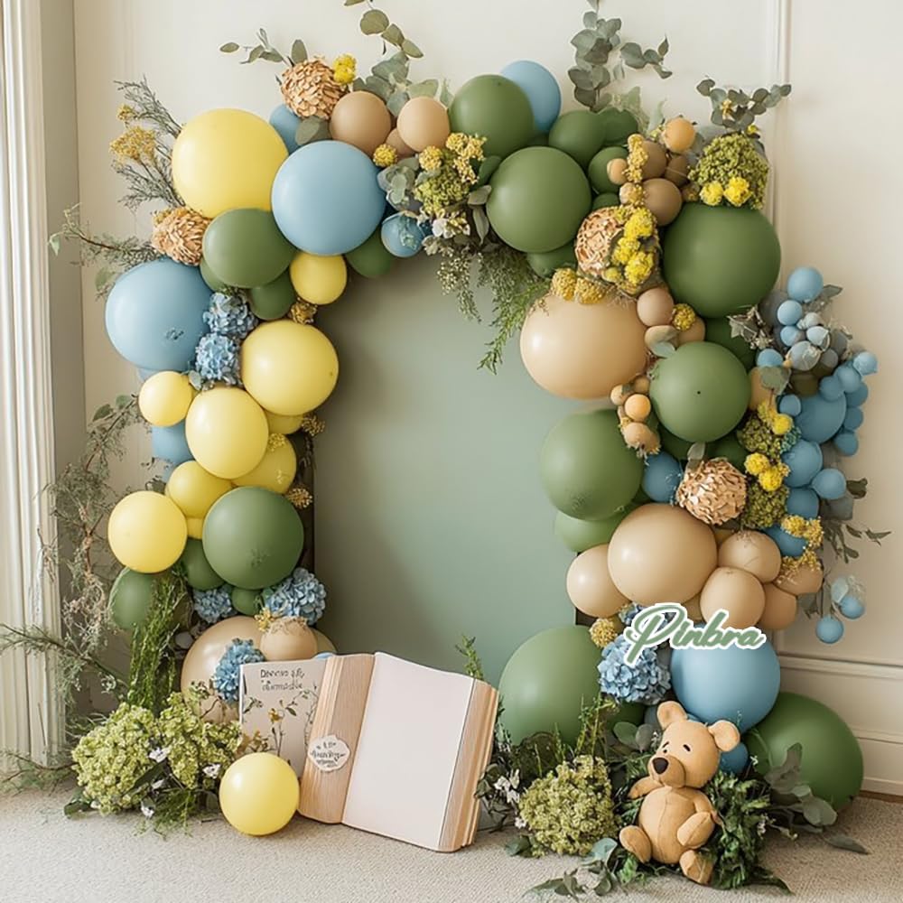 Blue Yellow Green Balloon Garland Double Stuffed Dusty Blue Sage Green Brown Balloon Arch Kit Olive Apricot Nude Metallic Gold Latex Balloons For Birthday Bridal Baby Shower Wild One Party Deocration