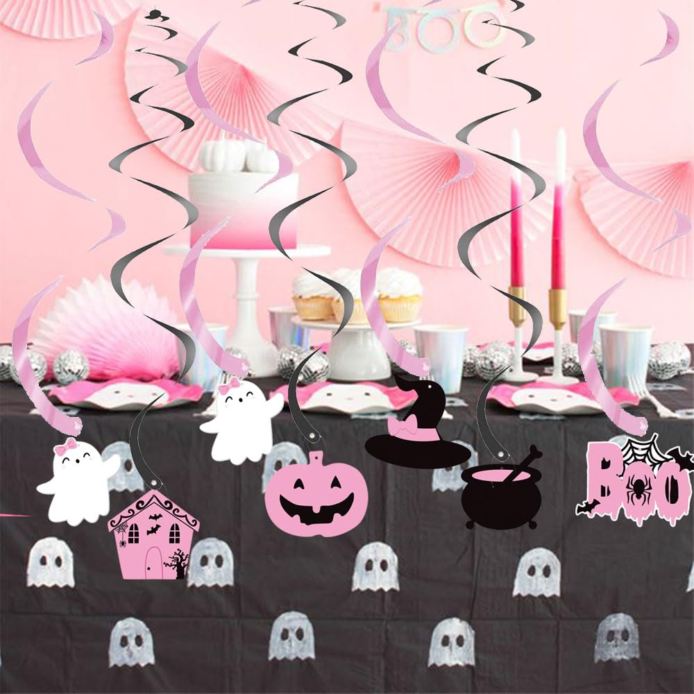 20Pcs Halloween Hanging Swirl, Halloween Baby Shower Hanging Decorations kit, Pink Cute Ghost, Spooky House Ceiling Hanging Streamer for Girl Little Boo Day, Halloween Birthday Party, Two Spooky Ghoul