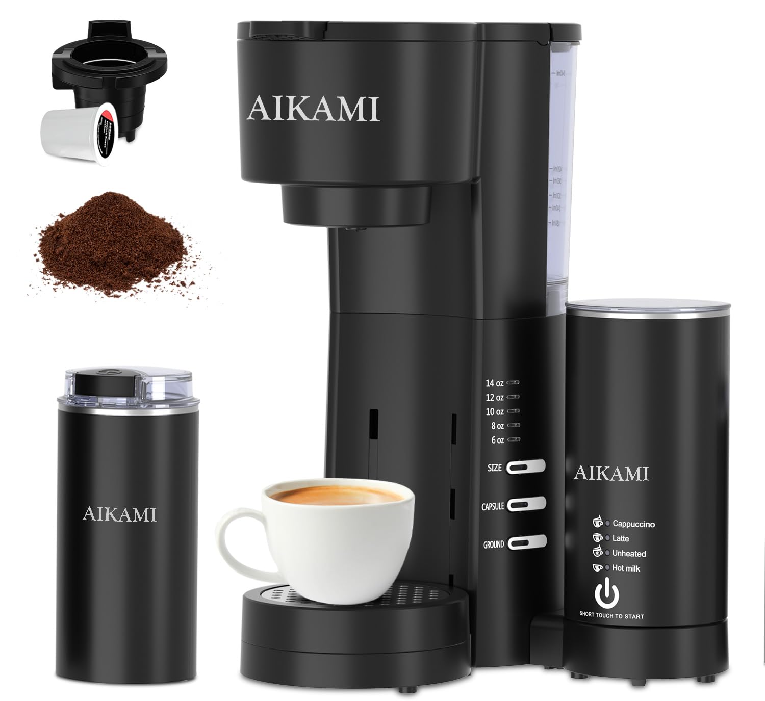 4 IN 1 Single Serve Coffee Maker with Milk Frother and Coffee Grinder, Coffee Maker for K Cup and Ground Coffee, with 30 oz Removable Water Reservoir, 6 to 14 oz. Brew Sizes, Coffee Machine for Home