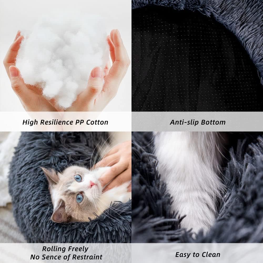 Cat Beds for Indoor Cats - Cat Bed Washable 20/24 inches, Dog Beds for Small Medium Dogs, Anti Anxiety Round Fluffy Plush Faux Fur Cat Bed, Thick Bottom (Dark Grey, Medium)