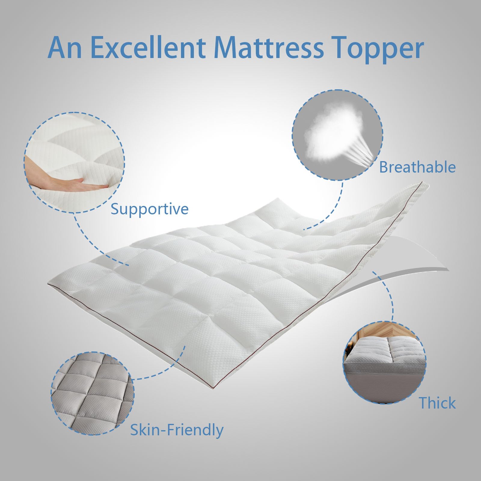 Mattress Topper Queen - Thick Mattress Topper Cover for Back Pain - Extra Firm Mattress Pad - Pillow Top Mattress Protector - Breathable Bed Topper - 8-25 Inch Deep Elastic Pocket - White