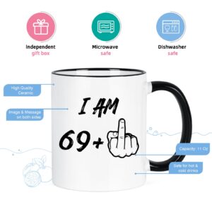 YHRJWN 70th Birthday Gifts for Women Men, I Am 69 Plus Middle Finger Coffee Mug, 70th Birthday Gifts Ideas for Friends, Grandma, Grandpa, Best 70 Year Old Gifts for Her Him, Novelty Cup, 11 Oz