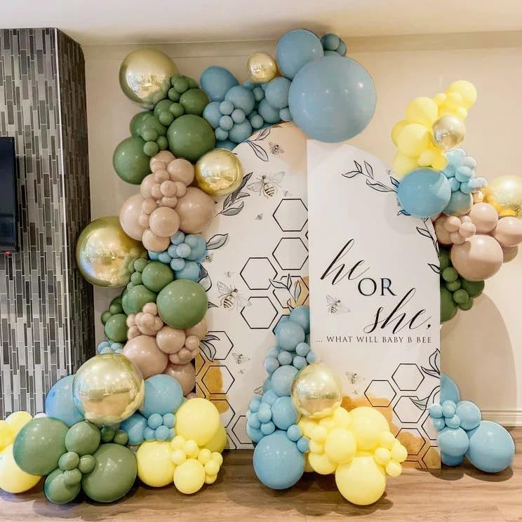 Blue Yellow Green Balloon Garland Double Stuffed Dusty Blue Sage Green Brown Balloon Arch Kit Olive Apricot Nude Metallic Gold Latex Balloons For Birthday Bridal Baby Shower Wild One Party Deocration