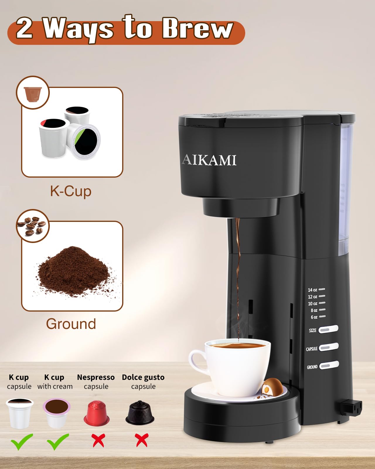 4 IN 1 Single Serve Coffee Maker with Milk Frother and Coffee Grinder, Coffee Maker for K Cup and Ground Coffee, with 30 oz Removable Water Reservoir, 6 to 14 oz. Brew Sizes, Coffee Machine for Home