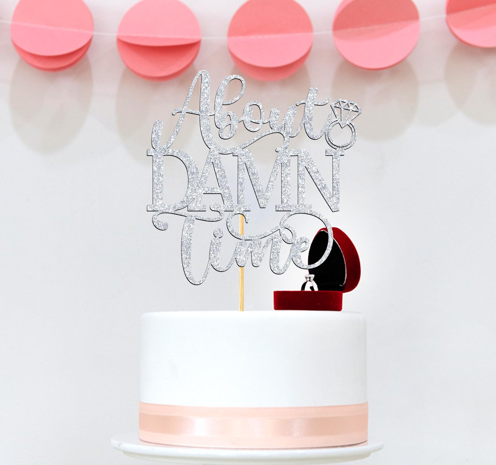 About Damn Time Cake Topper,Funny Wedding/Engagement/Bridal Shower/Happy Birthday Party Decorations Supplies for Men Women, Silver Glitter